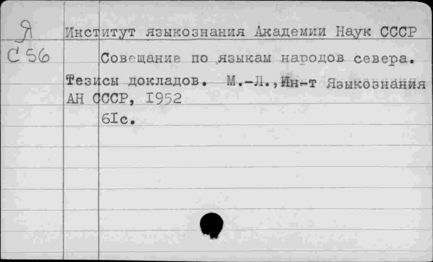 ﻿3
Институт языкознания Академии Наук СССР
С 5(0
Совещание по языкам народов севера.
Тезь.сы докладов. М.-Л.,Ин-т Языкознания АН СССР, 1952 61с.